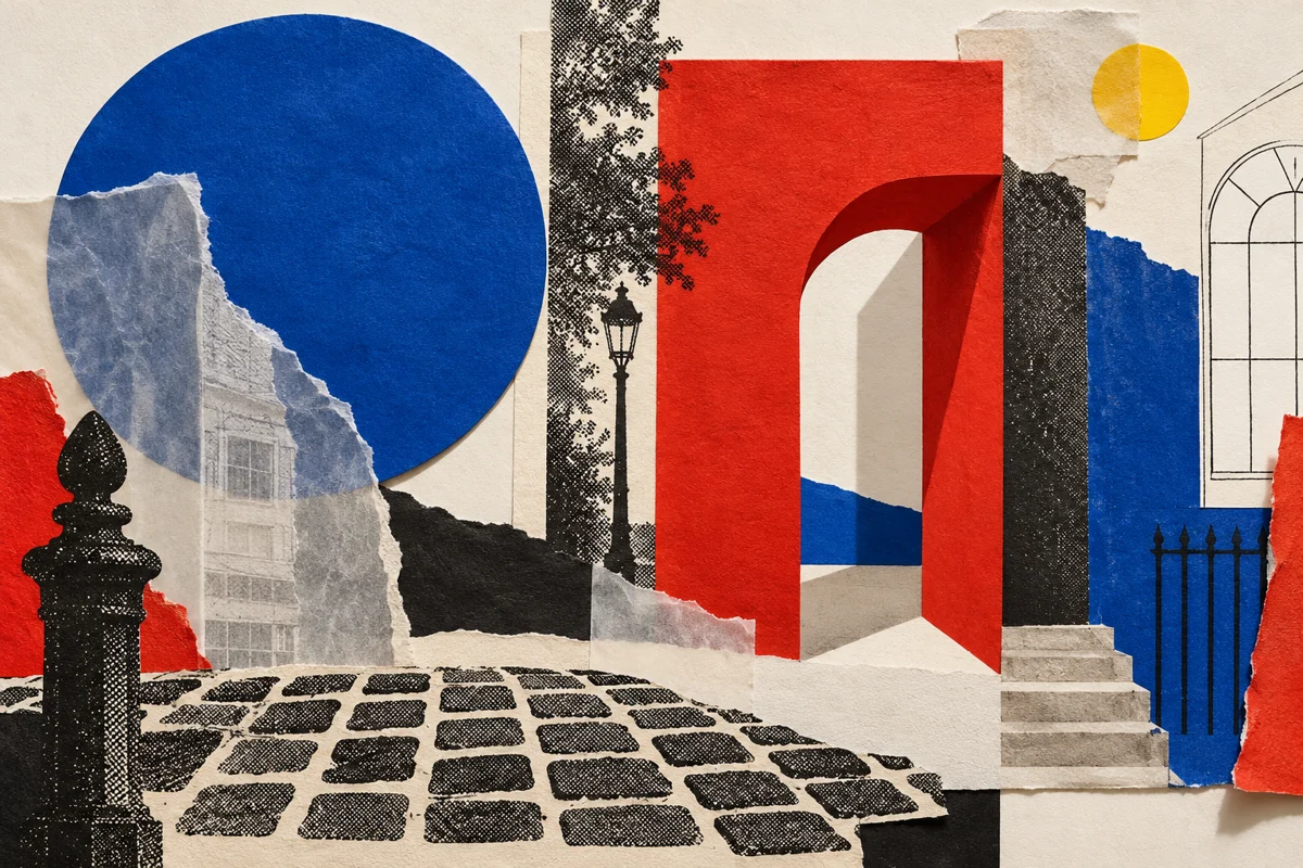 Original paper collage: a blue circle, a red doorway and a street-grid motif