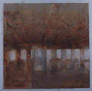 Muted painting of an interior with a row of lit openings