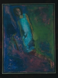 Framed figurative painting with a seated figure in blue and green