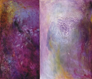 Image of a two-panel purple, pink and ochre abstract painting