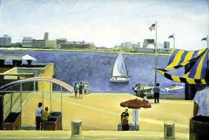 Painting of a waterfront with figures, boats and striped awnings