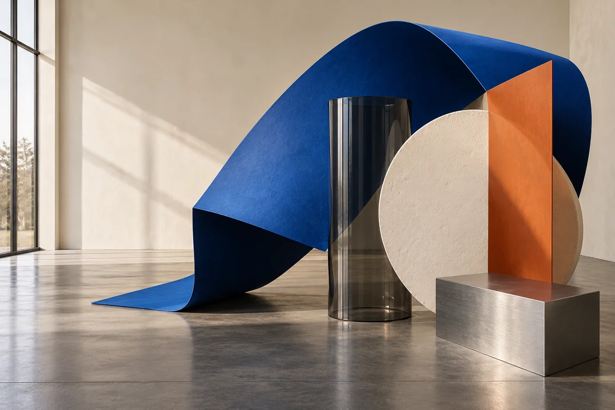 Conceptual studio composition of folded cobalt paper, glass, plaster and an orange plane