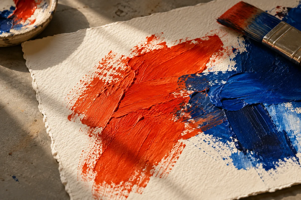 Textured orange and cobalt pigment on handmade paper in a conceptual studio study