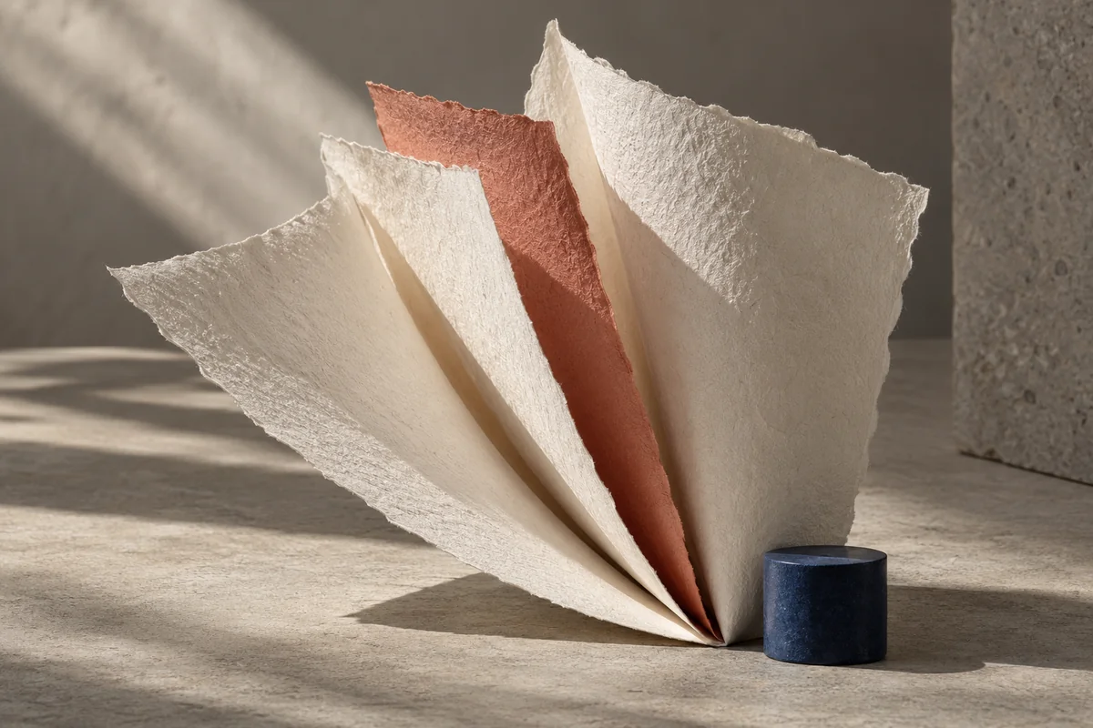 Conceptual folded handmade paper study with an ivory and coral fan