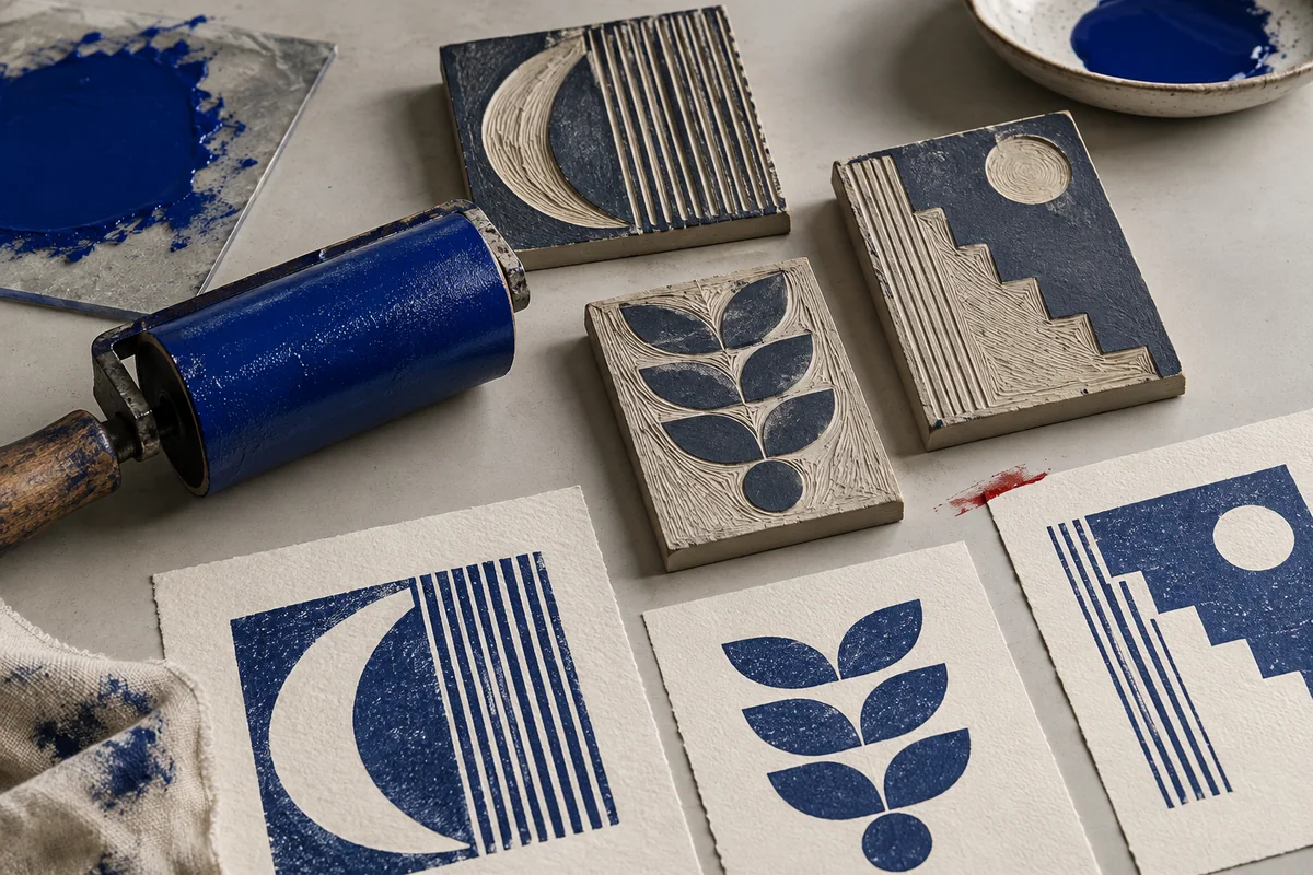 Conceptual printmaking study with a brayer, carved plates and original geometric prints