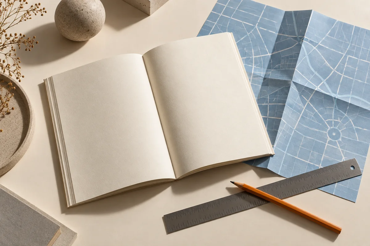 Conceptual publication study with a blank book, folded paper grid, ruler and pencil